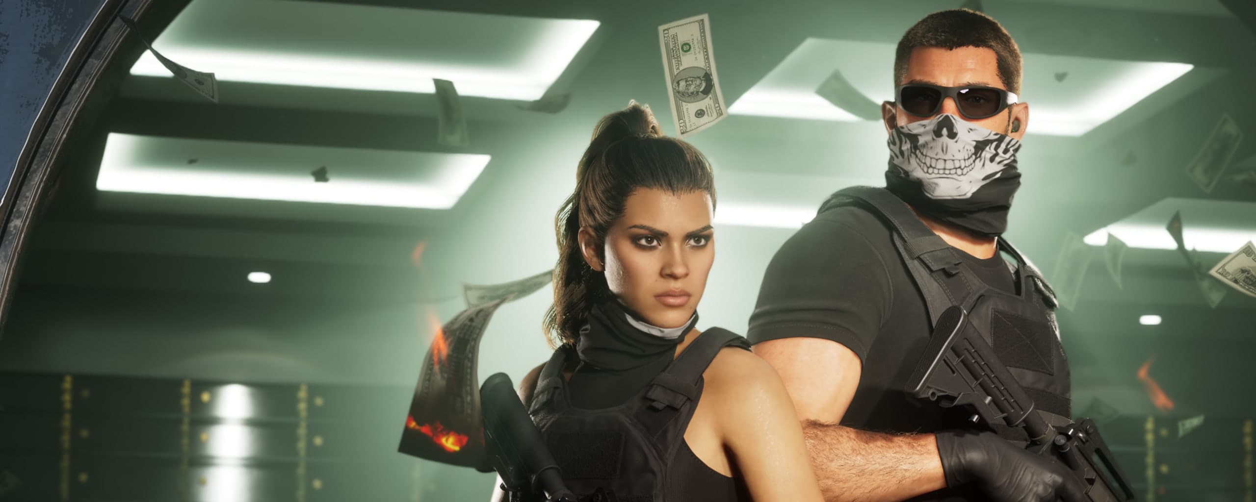 Jason e Lucia mascarados durante um assalto a banco em captura de tela oficial de GTA VI