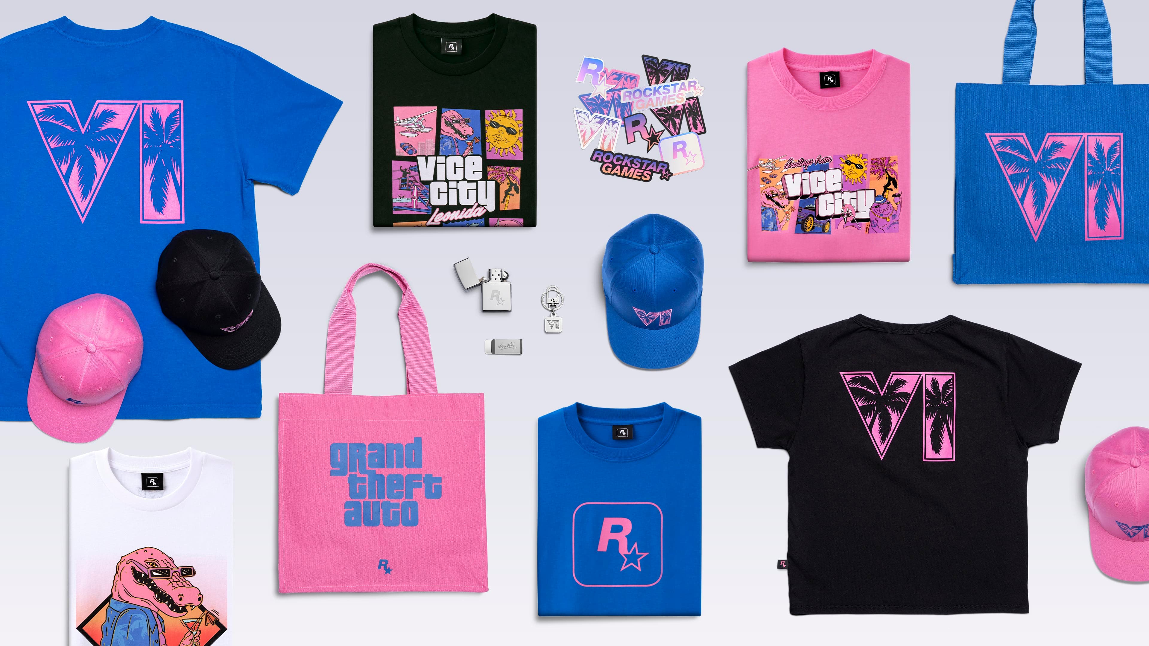 Camisetas, bonés, sacolas, isqueiro, chaveiro e adesivos da coleção oficial de GTA VI na Rockstar Store, em foto de divulgação da Rockstar