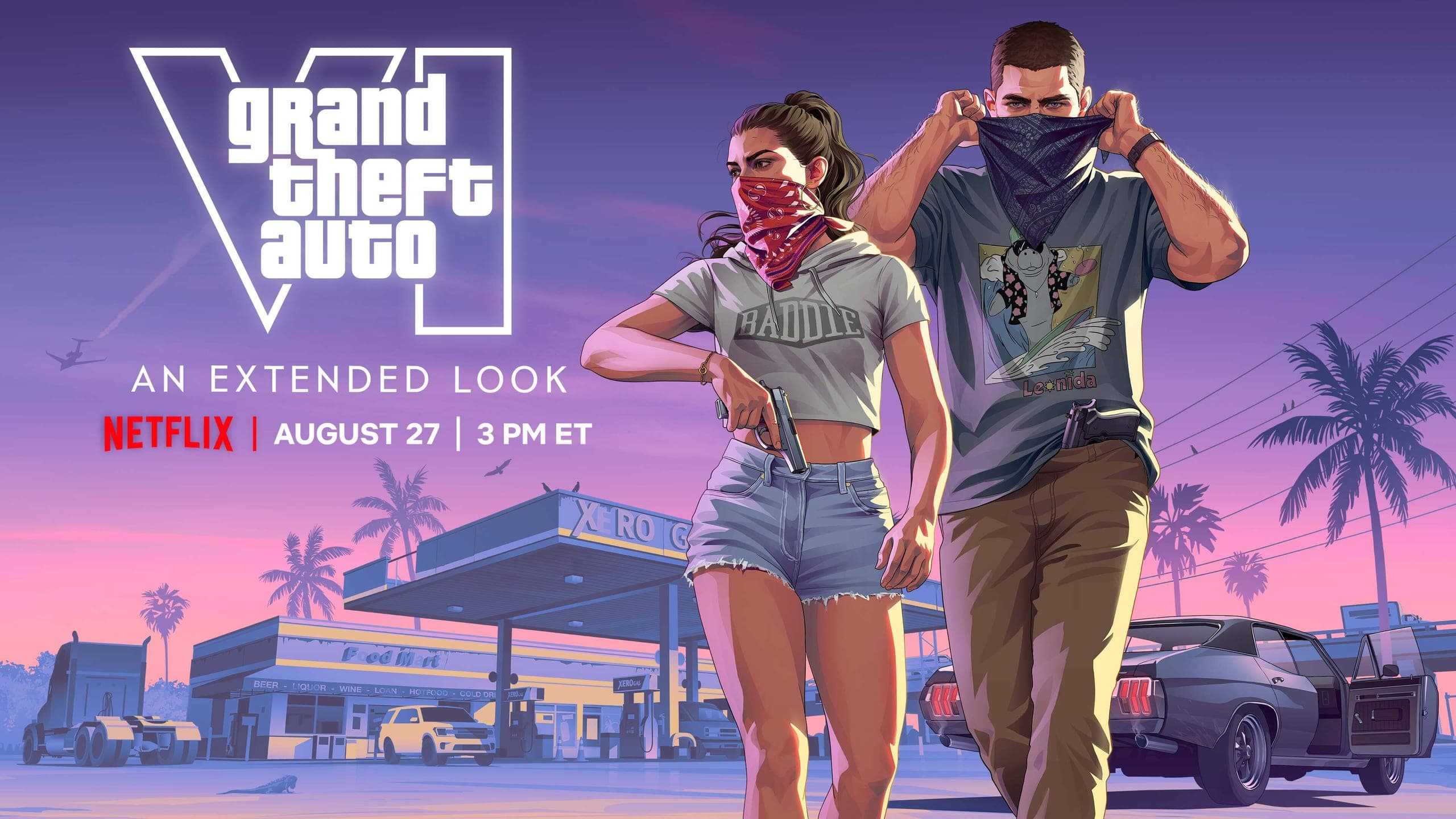 Arte oficial de divulgação do Extended Look de GTA VI, exibido na Netflix em 27 de agosto