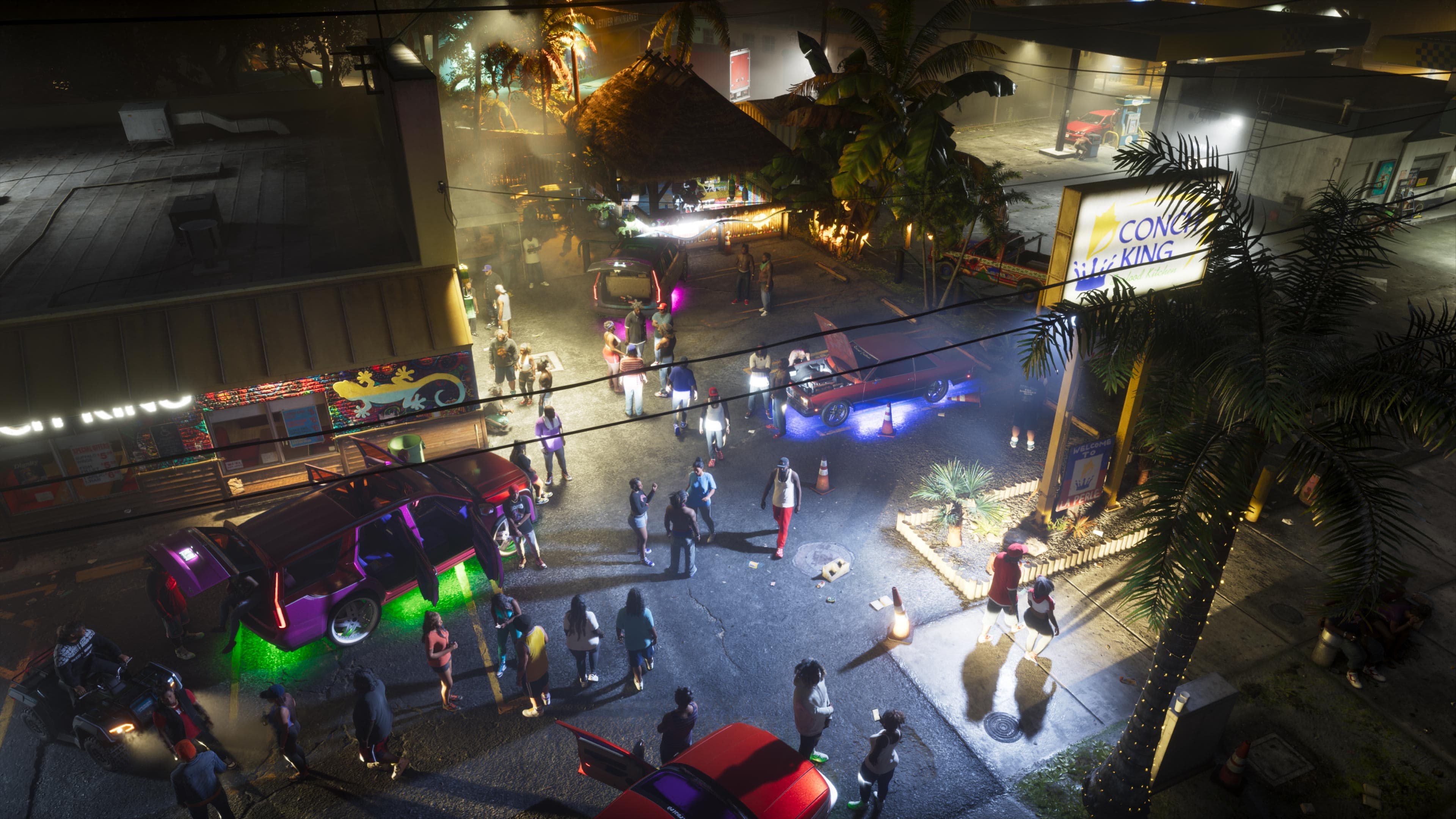 Multidão reunida à noite num estacionamento de Leonida, entre carros com luzes neon, na imagem oficial que abre a página de rádios do site de GTA VI