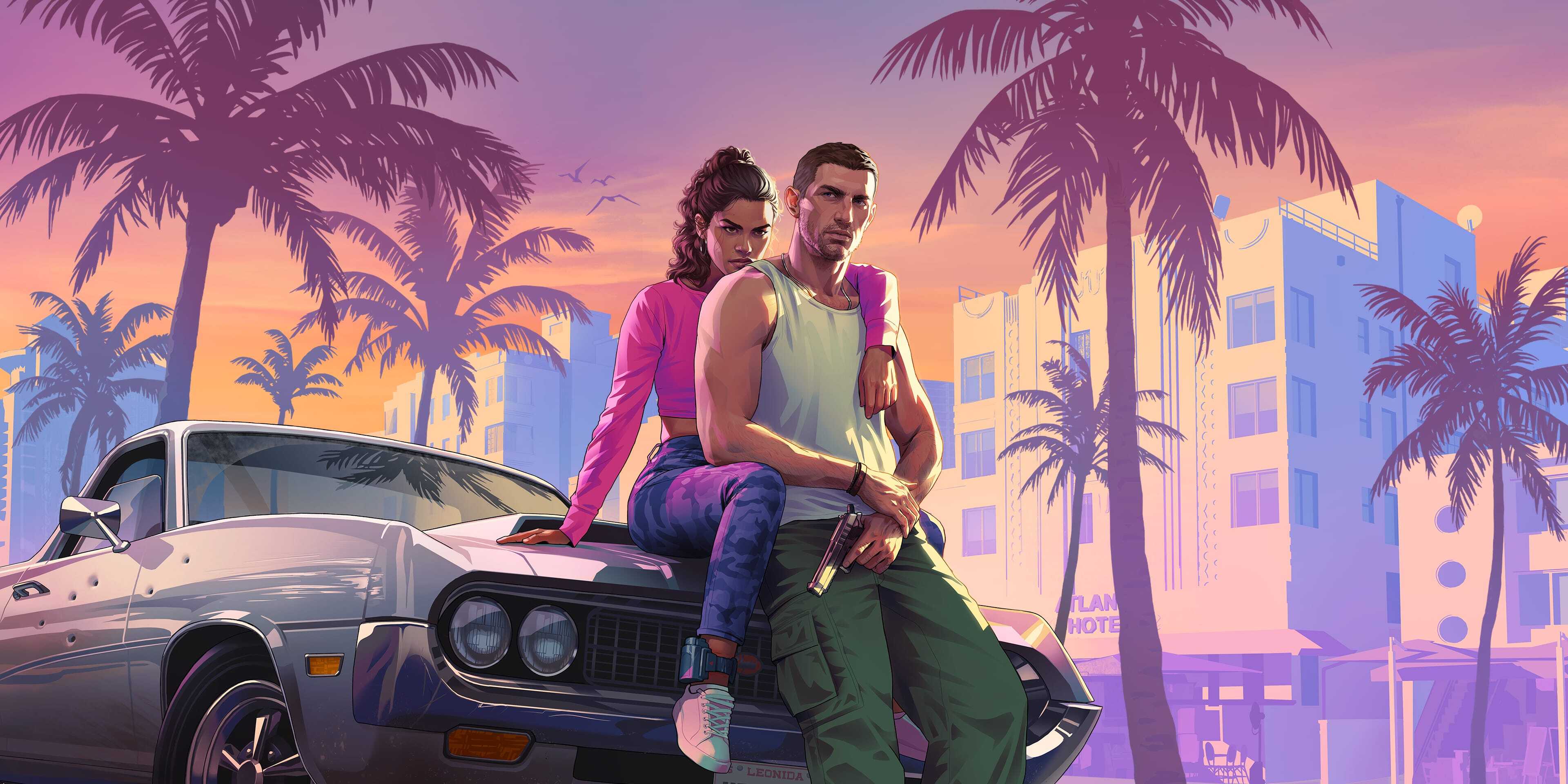 Arte-chave oficial de GTA VI, com Jason e Lucia diante de um carro sob palmeiras e céu rosa-alaranjado — a paleta que marcas passaram a imitar em suas campanhas