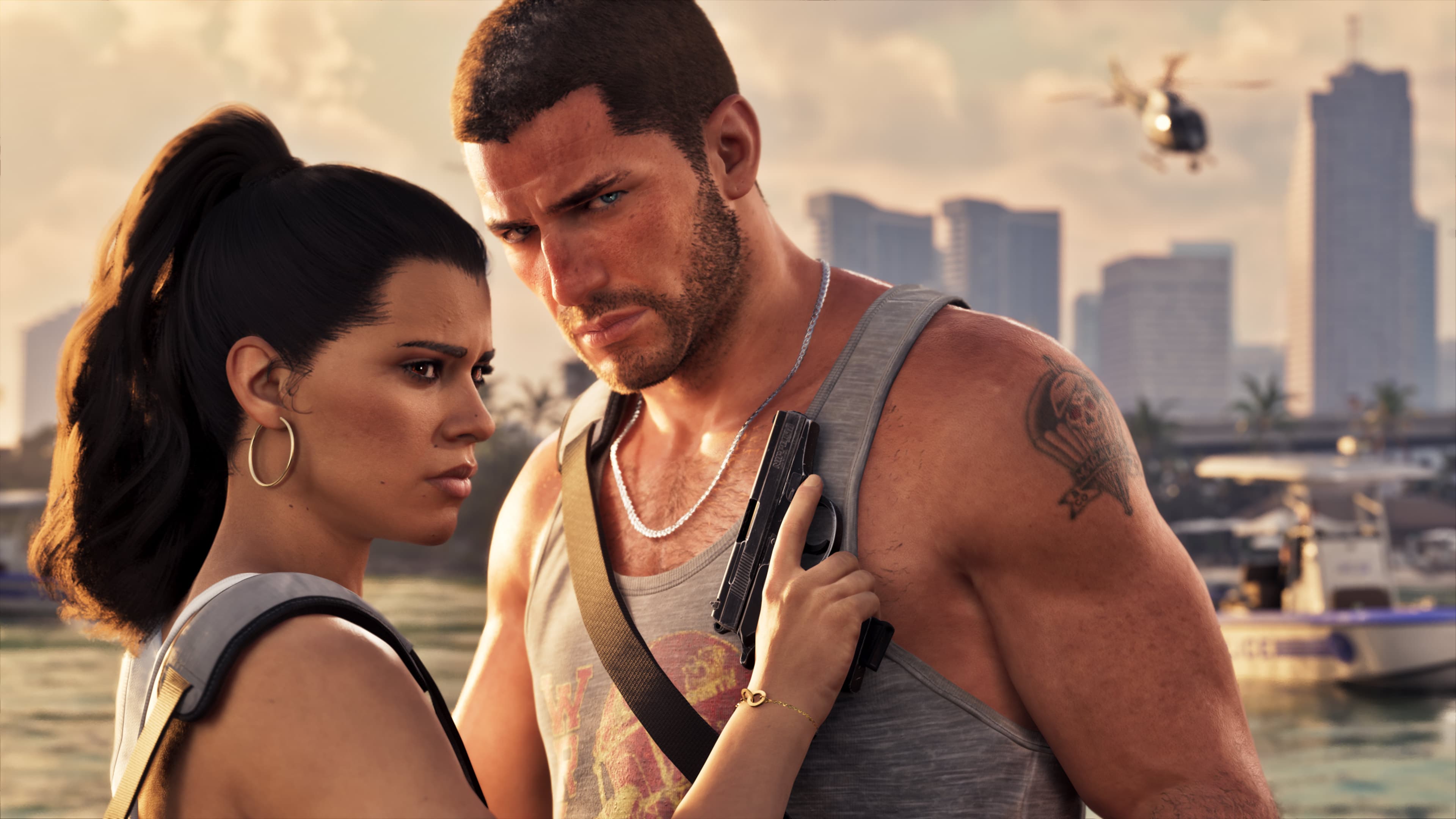 Jason e Lucia lado a lado na orla de Vice City em captura de tela oficial de GTA VI, usada como ilustração de matéria sobre as análises do jogo
