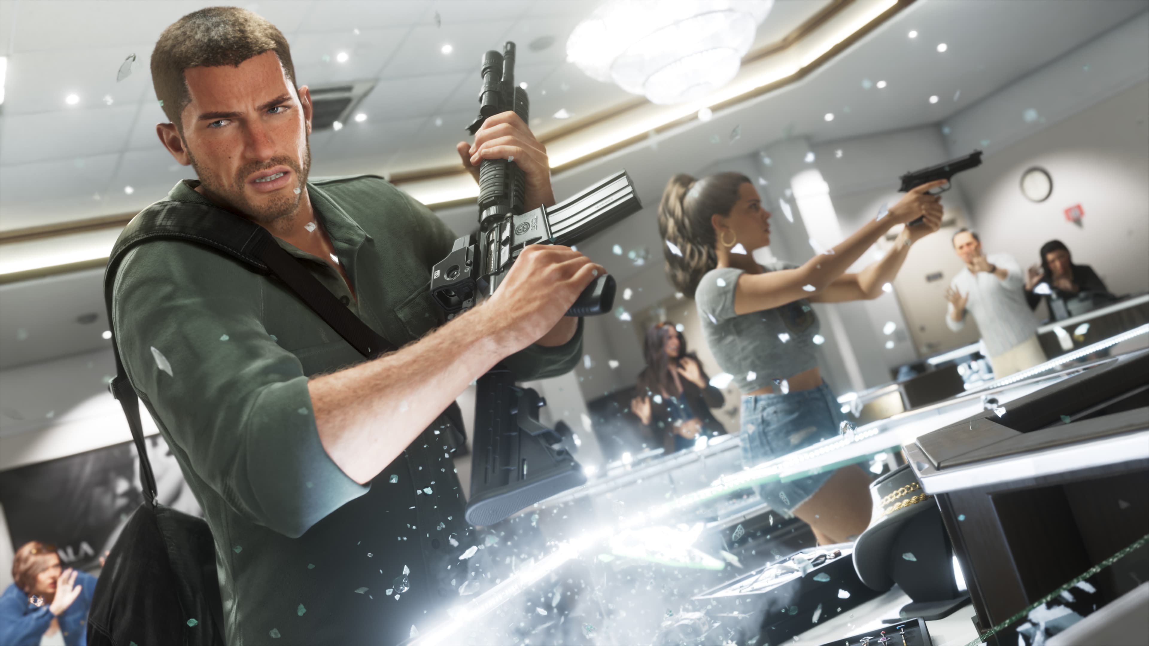 Jason Duval empunha um fuzil durante tiroteio em captura de tela oficial de GTA VI, usada aqui como ilustração — a imagem não mostra a roda de seleção de armas