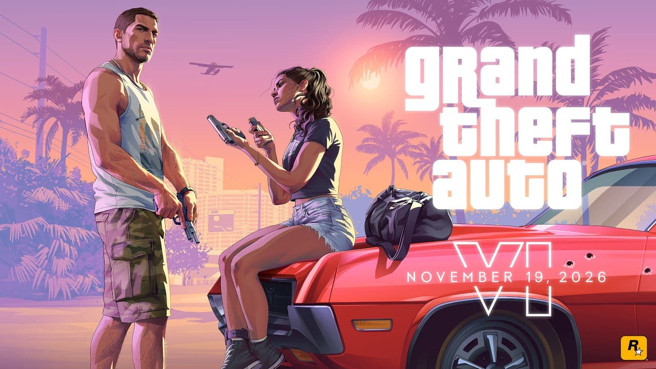 Arte oficial do Launch Trailer de GTA VI, usada como miniatura do vídeo no YouTube: Jason armado ao lado de Lucia, sentada no capô de um carro vermelho, com a data de 19 de novembro de 2026
