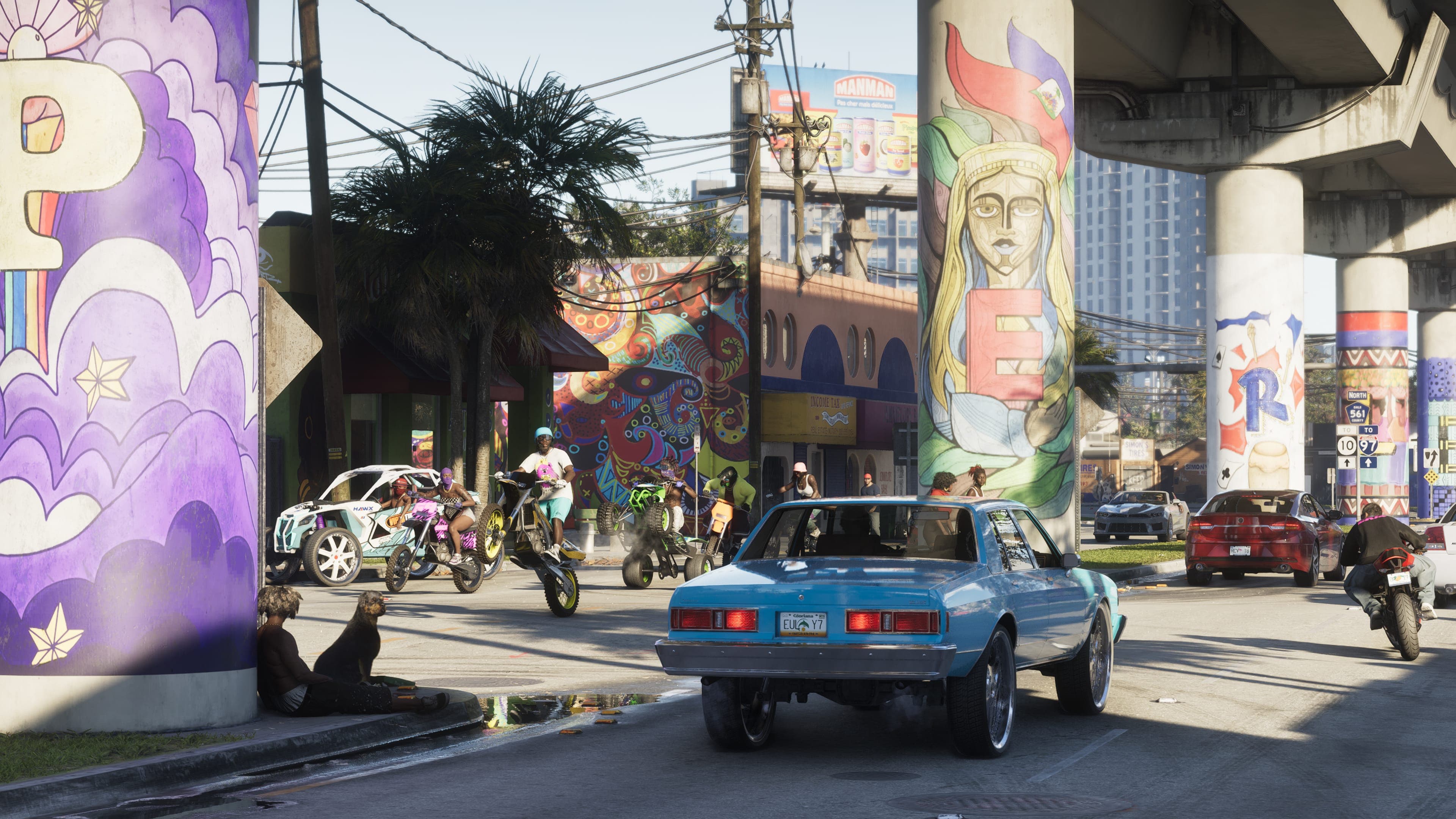 Rua de Vice City com murais coloridos sob um viaduto, em captura de tela oficial de GTA VI usada como ilustração — a imagem não mostra os totens publicitários de Wynwood