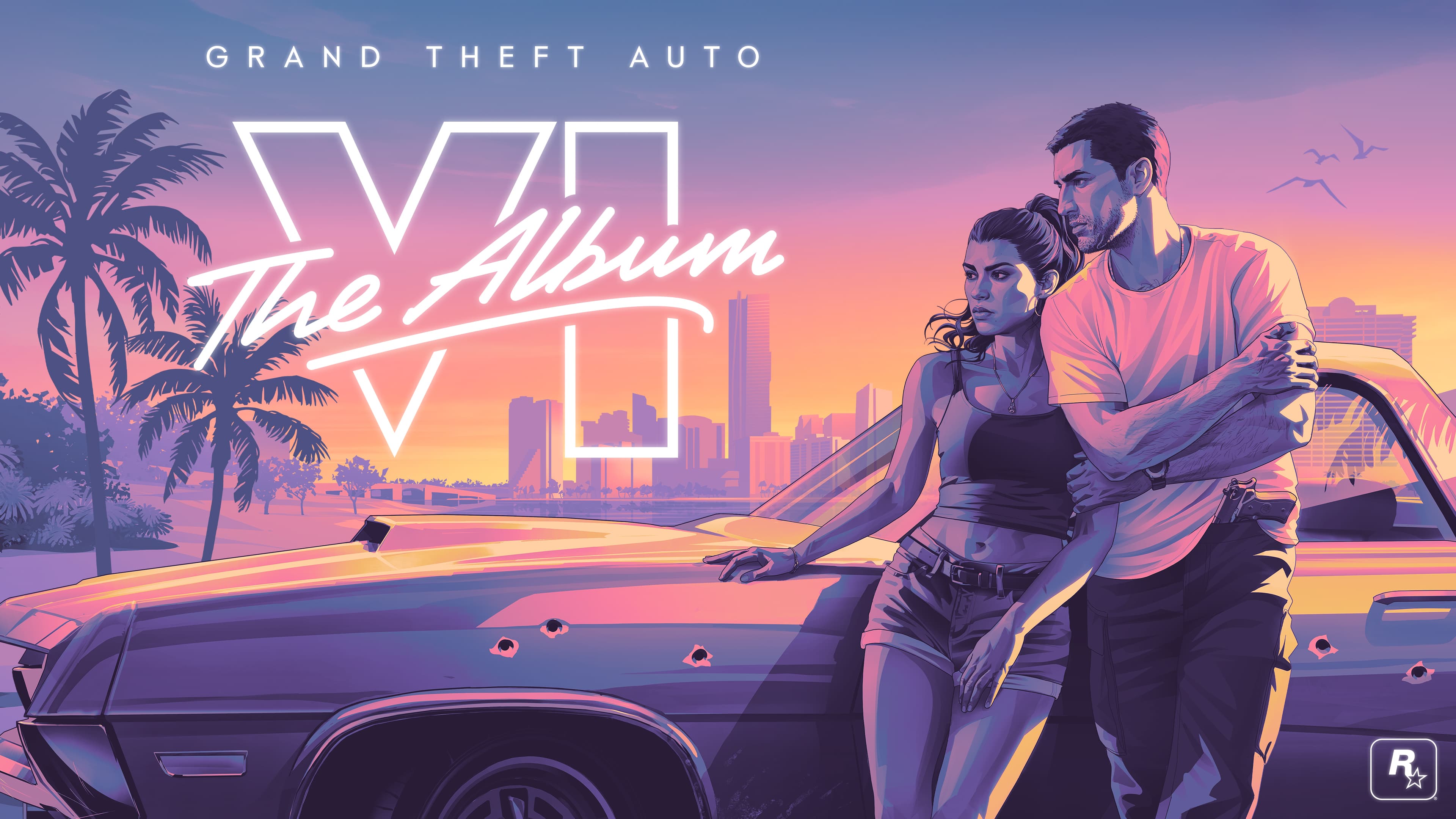 Arte oficial de "Grand Theft Auto VI: The Album", com Jason e Lucia diante de um carro crivado de balas em um pôr do sol neon de Vice City