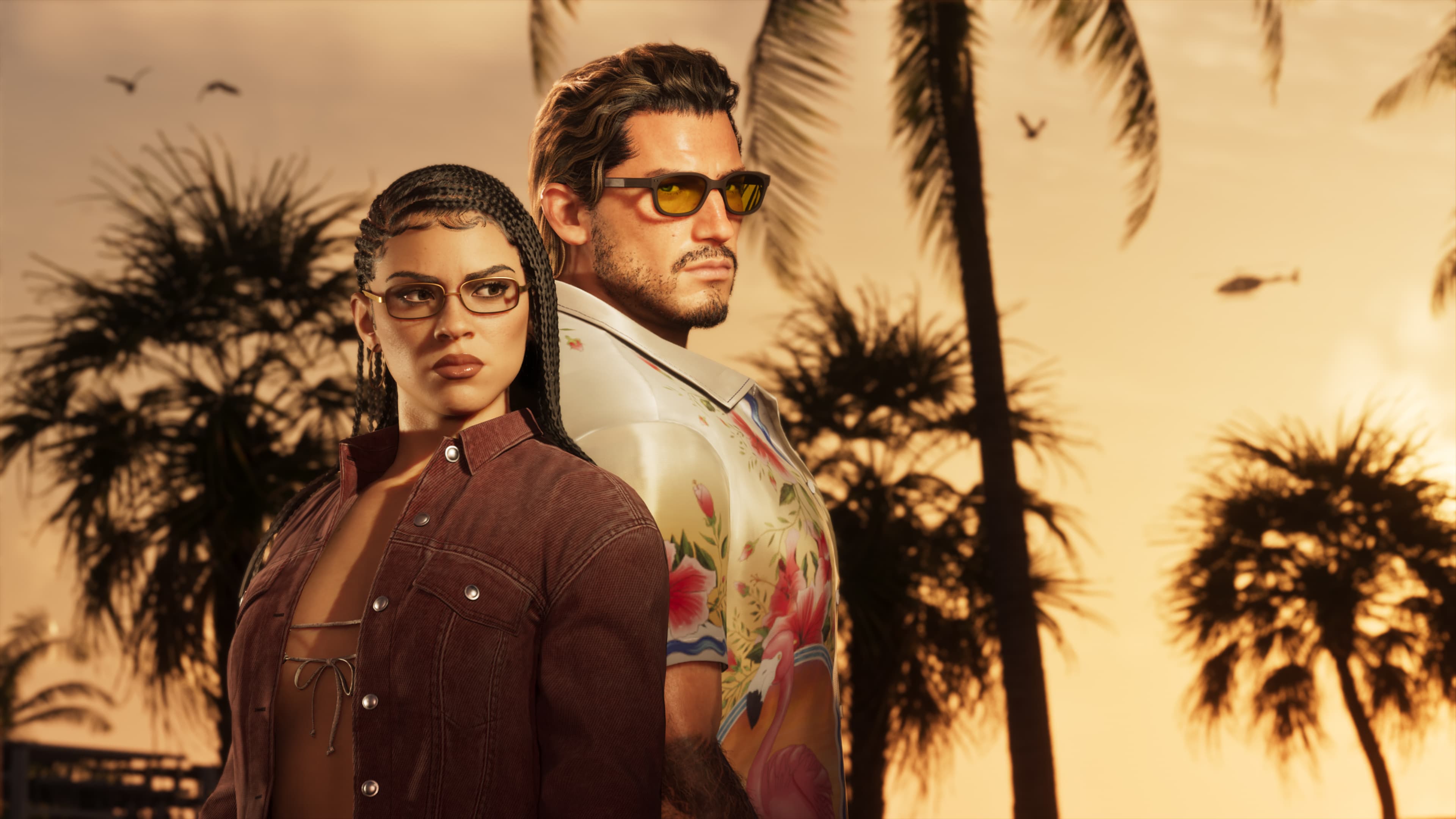 Jason e Lucia entre palmeiras em arte oficial de divulgação da Ultimate Edition de GTA VI, a versão de US$ 100 que lidera as pré-vendas segundo a Sensor Tower