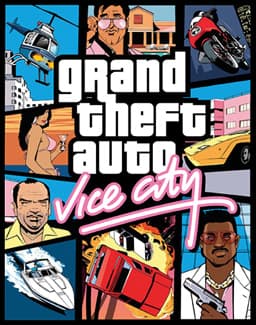 Arte de capa de Grand Theft Auto: Vice City, jogo da mesma geração técnica em que o GTA: Tokyo foi cogitado, usada aqui como ilustração — a imagem não mostra o projeto cancelado