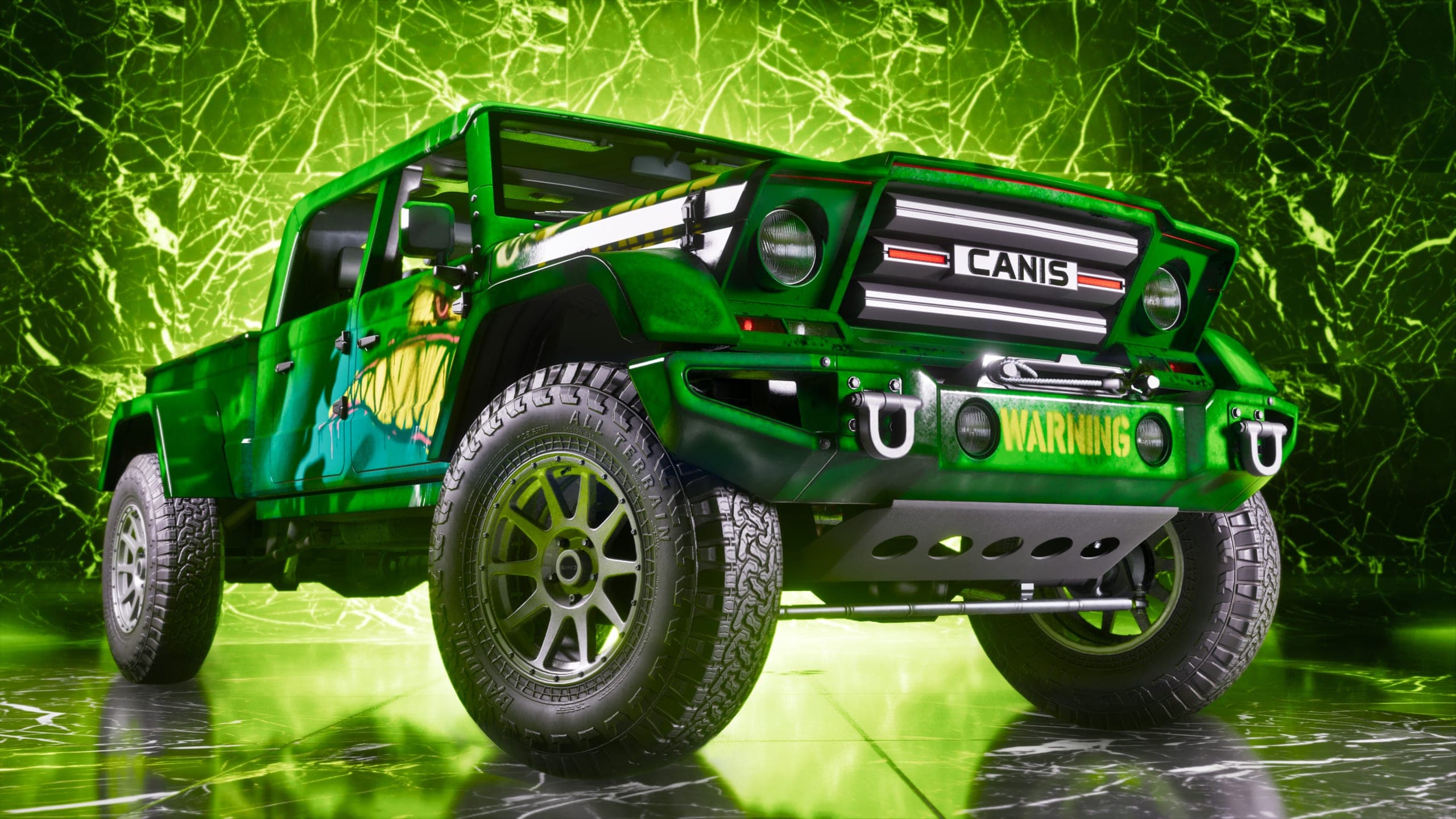 Captura de tela oficial de GTA VI mostrando um veículo Canis customizado