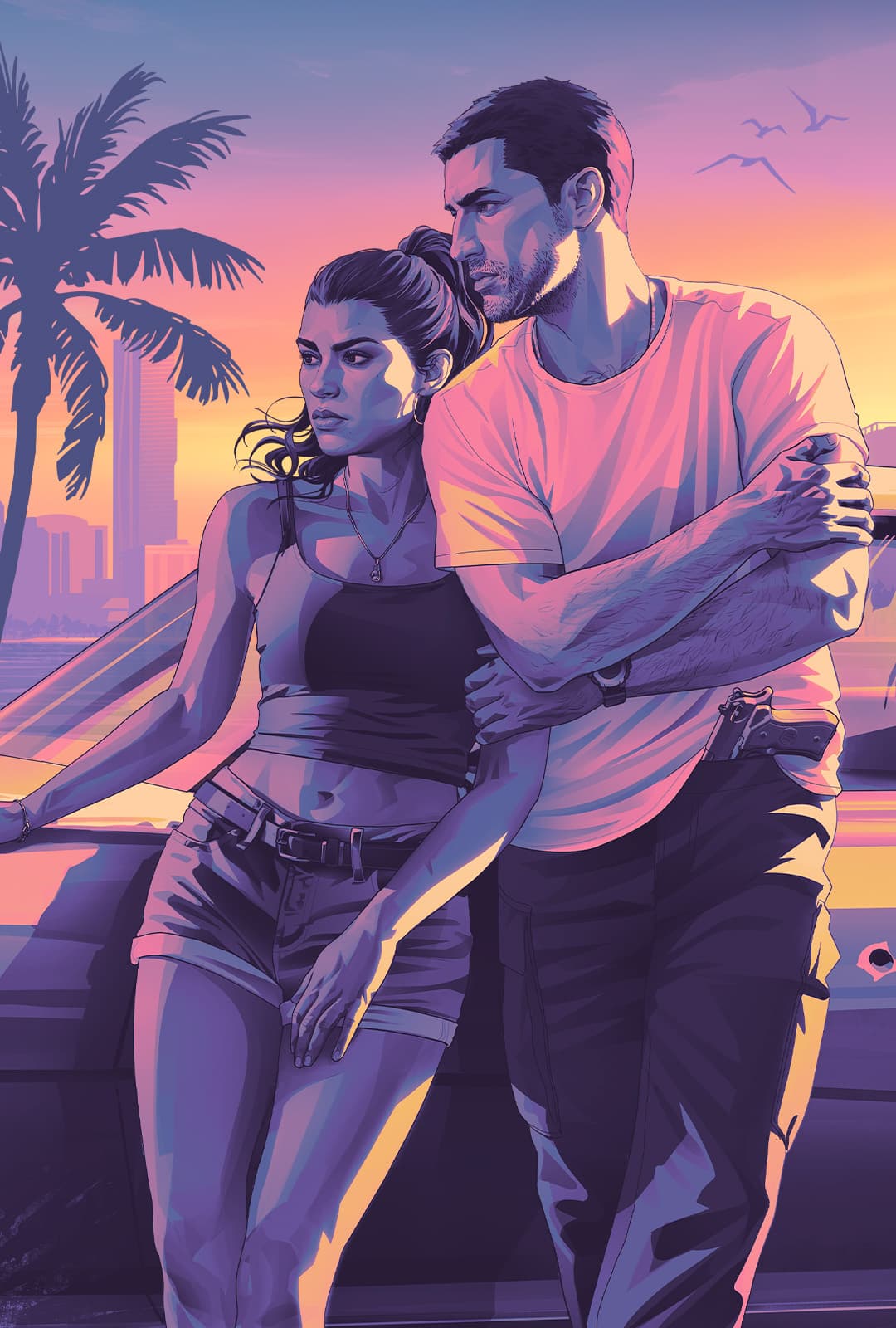 Arte oficial de GTA VI com Jason abraçando Lucia encostados num carro ao pôr do sol, com Vice City ao fundo