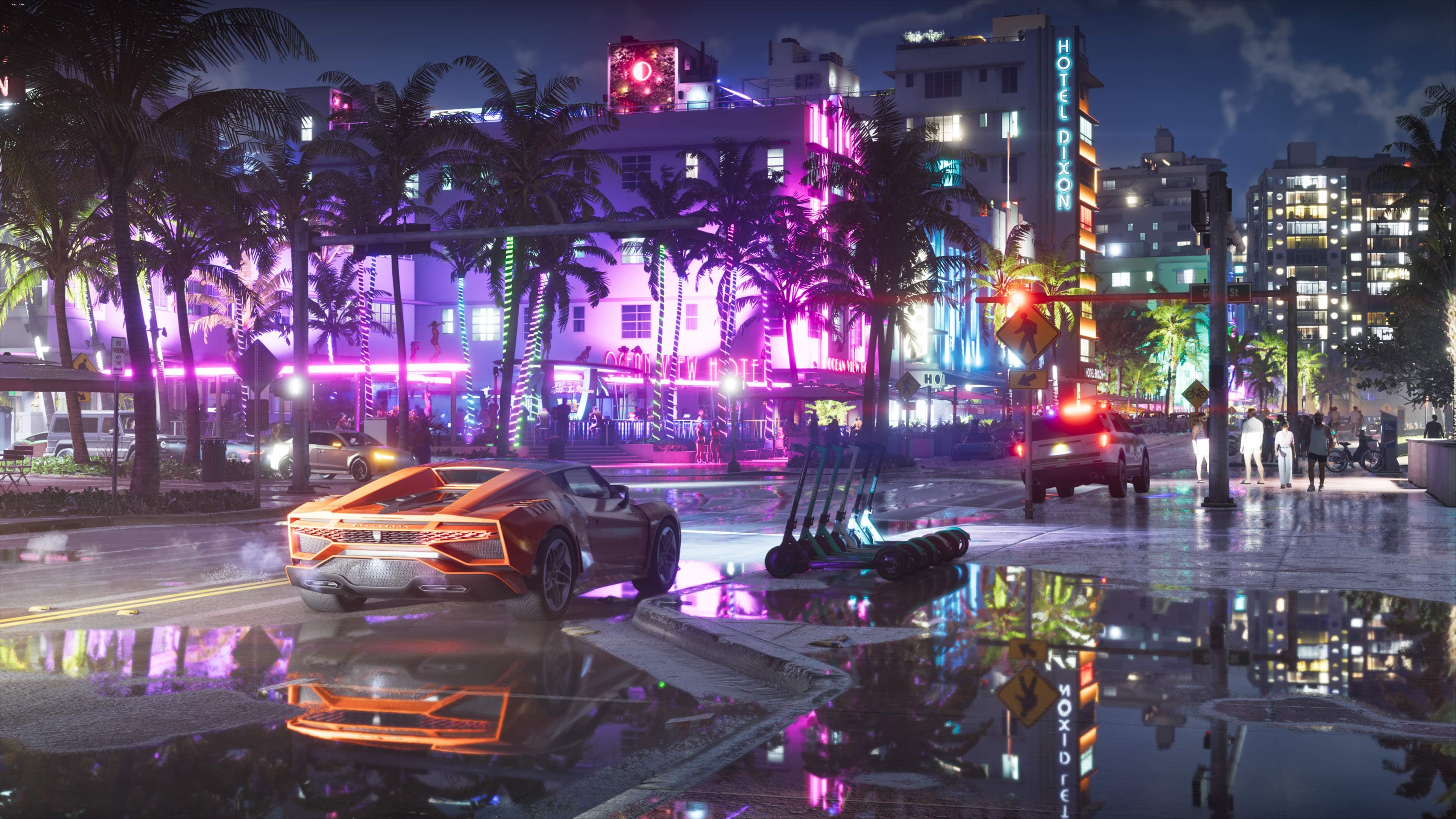 Carro esportivo laranja numa rua molhada de Vice City à noite, diante de hotéis com neon, em imagem oficial de GTA VI usada como ilustração — a foto não mostra o serviço de streaming do Xbox