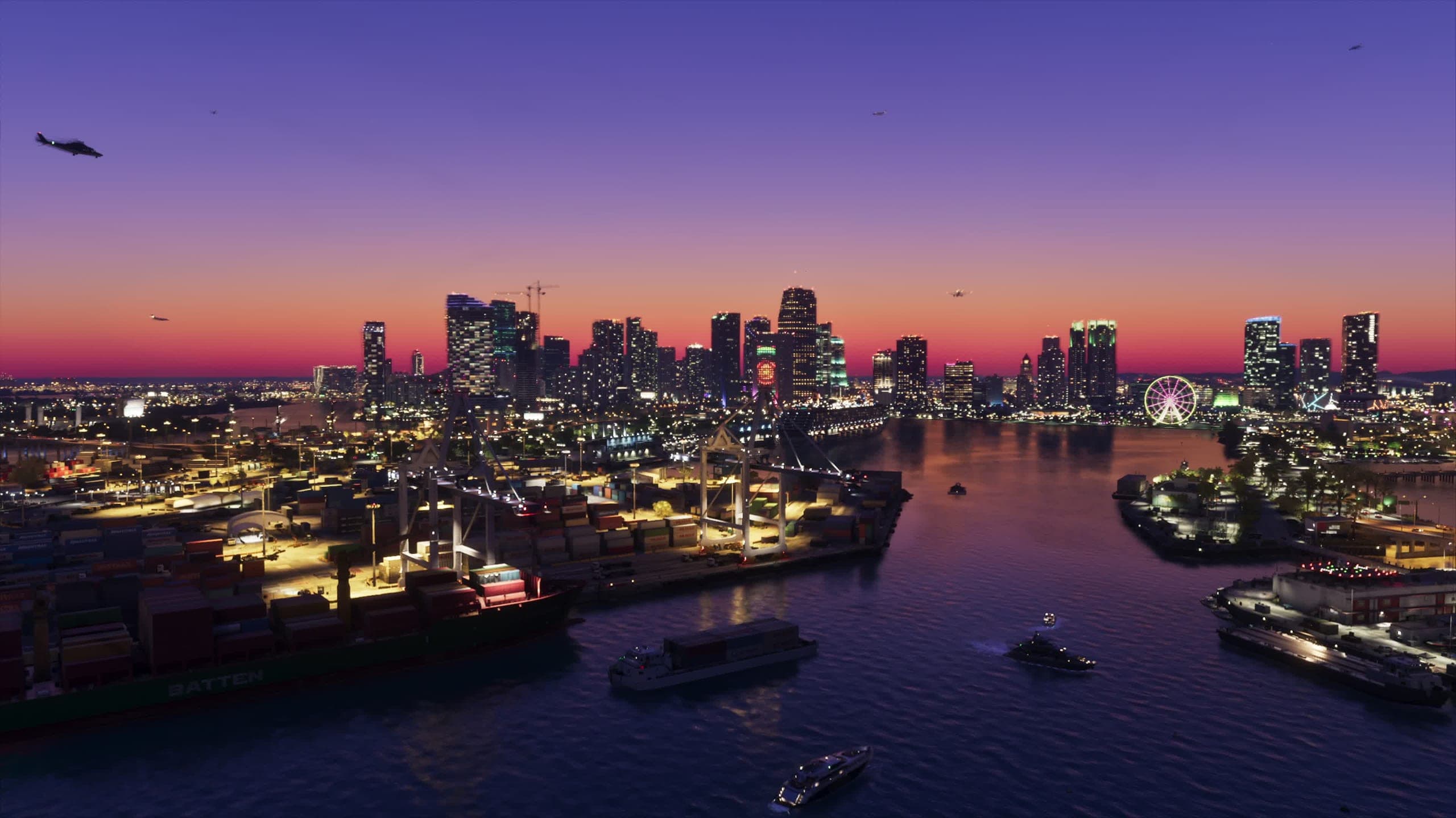 Vista noturna de Vice City em captura de tela oficial de GTA VI